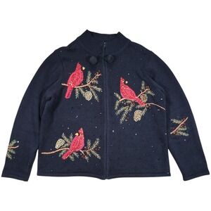 Tiara International Cardigan Womens L Black Cardinal Beaded Christmas Sweater